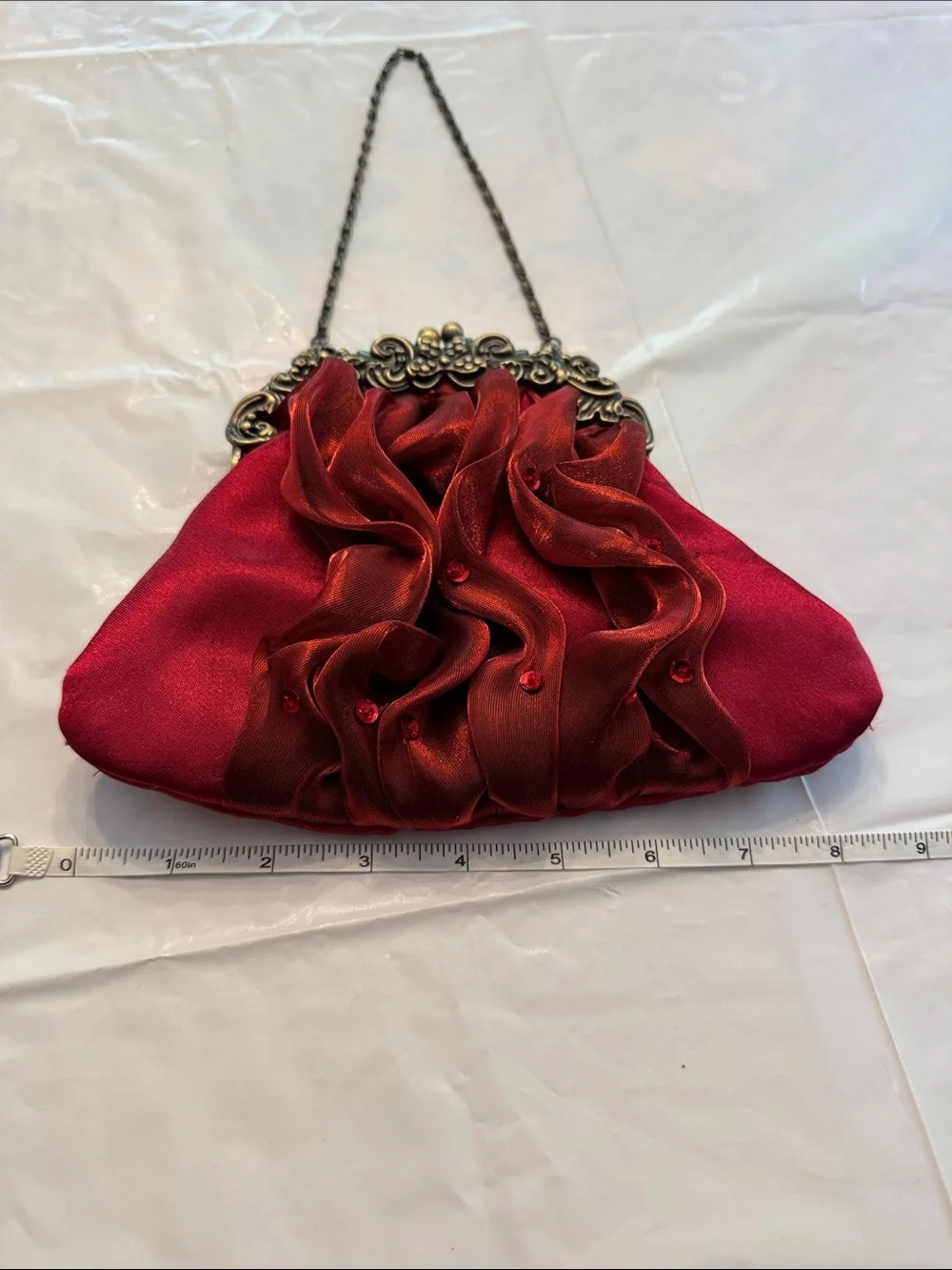 Red Satin Ruffle Evening Clutch with Ornate Frame